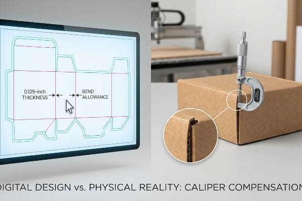 Caliper Compensation Design Digital dieline showing 0.125-inch thickness, bend allowance, and micrometer measuring corrugated box caliper.