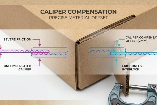 Corrugated cardboard box illustrating Caliper Compensation and Precise Material Offset, contrasting an Uncompensated Caliper with Severe Friction against a 2mm Caliper Compensation Offset for Frictionless Interlock.