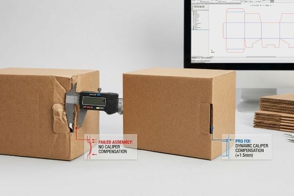 Caliper Compensation Packaging Fix Brown cardboard boxes show a digital caliper measuring a Failed Assembly (No Caliper Compensation) next to a Pro Fix with Dynamic Caliper Compensation (+1.5mm).