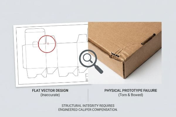 Engineered Caliper Compensation Corrugated box failure (torn, bowed) from inaccurate flat vector design, highlighting engineered caliper compensation for structural integrity.