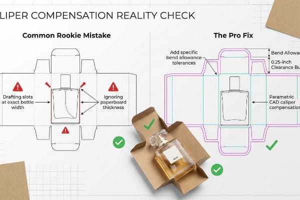Caliper Compensation Reality Check Caliper Compensation Reality Check diagram contrasting a Common Rookie Mistake of ignoring paperboard thickness with The Pro Fix, showing parametric CAD caliper compensation, bend allowance, and a 0.25-inch clearance buffer for perfume packaging. A perfume bottle is shown perfectly fitted in a brown box.