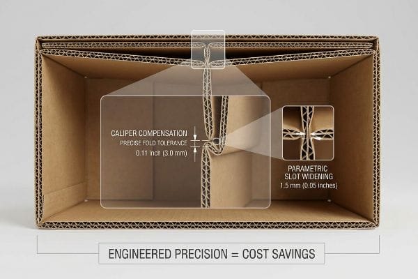 Corrugated cardboard box illustrating Caliper Compensation, Precise Fold Tolerance 0.11 inch, and Parametric Slot Widening 1.5 mm for cost savings.