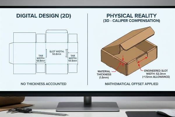 Monitor shows 2D Digital Box Design vs. 3D Physical Reality, detailing Material Thickness and Engineered Slot Offset.