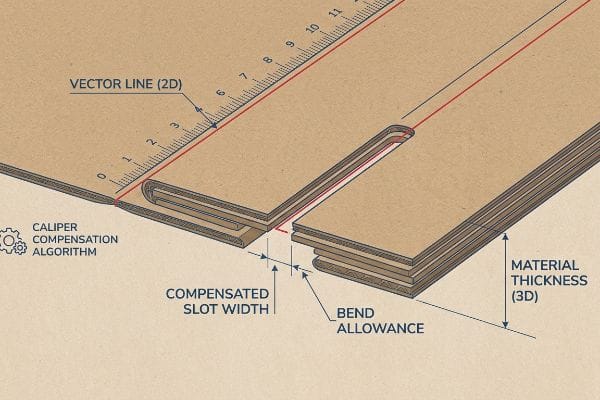 Caliper Compensation Algorithm Brown cardboard pieces demonstrate Caliper Compensation Algorithm, highlighting Vector Line (2D), Compensated Slot Width, Bend Allowance, and Material Thickness (3D).