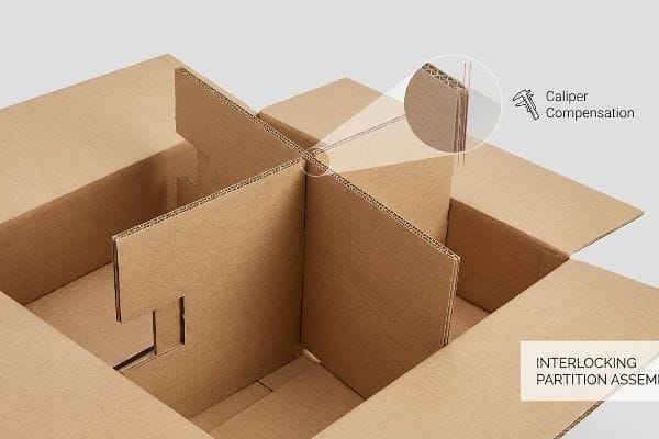 Corrugated cardboard box with interlocking partition assembly, featuring a magnified view of Caliper Compensation for precise slot thickness.
