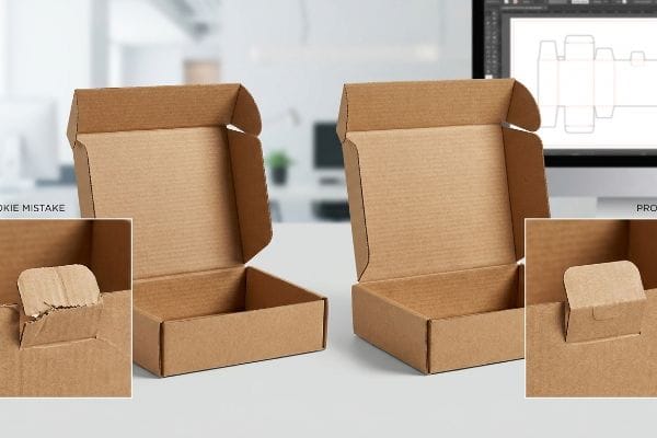 Corrugated board boxes: Rookie Mistake torn tab versus Pro Fix frictionless assembly, with dieline design.