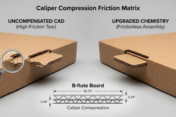 Cardboard boxes demonstrate Caliper Compression Friction Matrix: Uncompensated CAD with a high-friction tear vs. Upgraded Chemistry's frictionless assembly, alongside a B-flute board diagram.