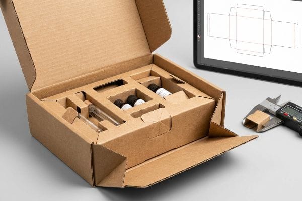Caliper Dieline Compensation Kraft corrugated box with engineered internal dividers securing bottles. Tablet shows CAD dieline, caliper measures corrugated board.