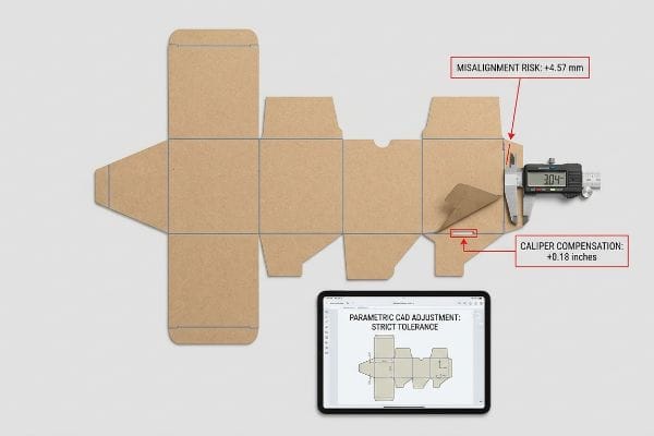 Caliper Dieline Adjustment Brown kraft paper dieline with a digital caliper measuring 3.04, indicating material thickness. Annotations highlight 'Misalignment Risk: +4.57 mm' and 'Caliper Compensation: +0.18 inches'. A tablet shows 'Parametric CAD Adjustment: Strict Tolerance'.
