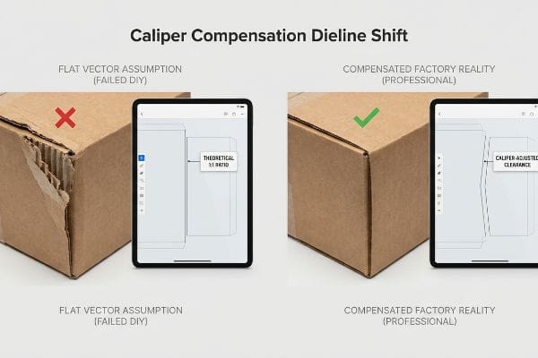 Caliper Compensation Dieline Shift A visual comparison of Caliper Compensation Dieline Shift shows a torn corrugated box from a Flat Vector Assumption (Theoretical 1:1 Ratio) versus a perfectly folded box from Compensated Factory Reality (Caliper-Adjusted Clearance).