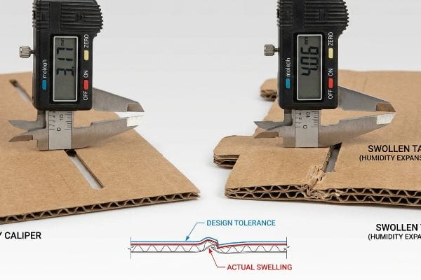 Caliper Humidity Swelling Digital calipers show dry corrugated cardboard at 3.17 mm and swollen at 4.06 mm, highlighting humidity expansion and design tolerance.