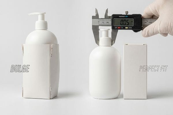 Packaging Micro-Bulge Solution Digital calipers show 0.05-inch micro-clearance for a perfect fit lotion bottle carton, contrasting a bulging, ill-fitting package.