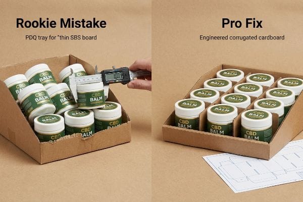 Digital calipers measure Cbd Balm jars in a 'Rookie Mistake' thin SBS board PDQ tray, contrasted with a 'Pro Fix' engineered corrugated cardboard display.