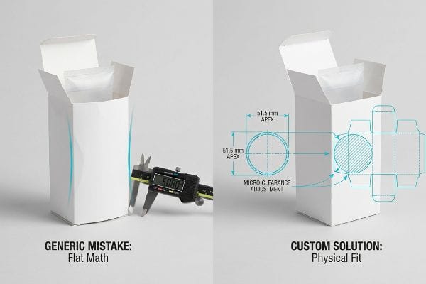 Digital calipers measure a white box bulging from 'Flat Math' at 50.80mm, contrasted with a 'Custom Solution' box featuring '51.5 mm APEX' and 'Micro-Clearance Adjustment' technical drawings for a 'Physical Fit'.
