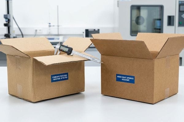 Kraft Box Moisture Test Digital caliper on a 'Standard Testliner - Moisture Affected' box, beside a 'Virgin Kraft Upgrade - Resistant' box, highlighting material differences.