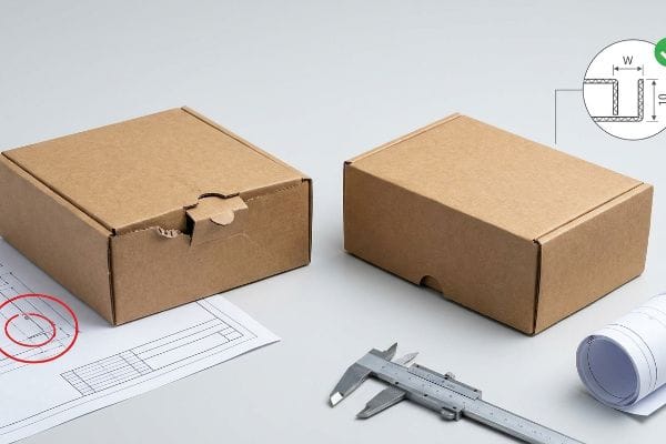Caliper Packaging Design Brown corrugated boxes, one with a tab closure, shown with a caliper, blueprints, and a diagram detailing corrugated board thickness 'W'.