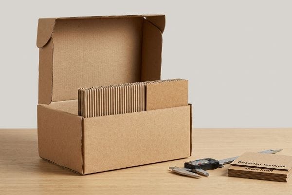 Open corrugated cardboard box with fluted inserts, a digital caliper, and samples of Recycled Testliner and Virgin Kraft materials.