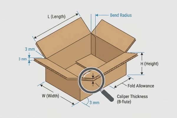 Corrugated Box Dimensions Guide Corrugated cardboard box diagram illustrating Length, Width, Height (LxWxH) dimensions, Bend Radius, Fold Allowance, and 3 mm Caliper Thickness (B-flute) with a detailed magnified view.
