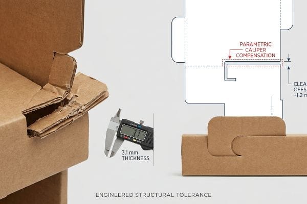 Caliper Compensation Tolerance Brown corrugated cardboard interlocking tab, digital caliper showing 3.1 mm thickness, and a diagram of Parametric Caliper Compensation.