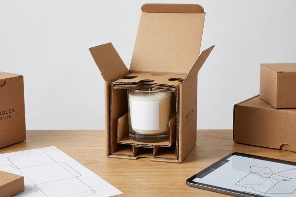 Caja de cartón corrugado abierta con vela de vidrio, etiqueta blanca e inserto troquelado. Cajas de Candlen Candles y una tableta sobre un escritorio de madera.