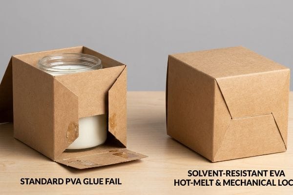 Brown kraft paper candle box on the left with a Standard Pva Glue Fail, showing bottom flaps open and a glass jar candle. On the right, a closed kraft box secured with Solvent-Resistant Eva Hot-Melt & Mechanical Loc.