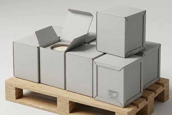キャンドルボックスのクラッシュテスト 木製のパレットの上に、薄灰色のキャンドルボックスがいくつか置かれている。そのうちの1つは開いており、金色の縁取りのあるキャンドルが見えている。閉じた箱には「Slayer Crush Test」というラベルが貼られている。.