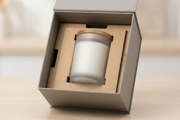Candle Packaging Protection Frosted glass candle jar with wooden lid, secured by a brown die-cut insert in a gray box, demonstrating protective packaging.