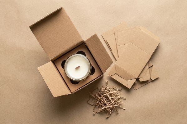 Préparation d'emballage de bougies Kraft Boîte à bougie en kraft ouverte contenant une bougie en verre, une mèche en bois, un insert en carton, du papier de remplissage déchiqueté et des éléments d'emballage écologiques plats et non assemblés.