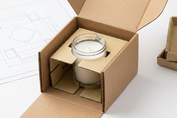 Candle Packaging Insert Design Kraft paperboard insert securing a white candle in a glass jar within an open corrugated box, with a packaging blueprint.