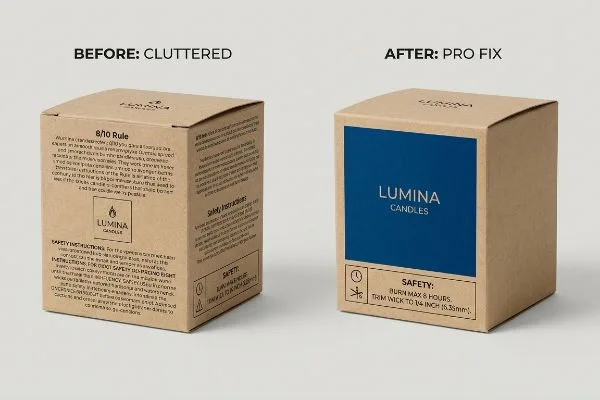 Refonte de l'emballage des bougies Des boîtes à bougies en papier kraft, l'une encombrée du texte « règle des 8/10 », l'autre une boîte Lumina Candles propre avec une étiquette bleue et « Sécurité : brûler 8 heures maximum, couper la mèche à 1/4 de pouce ».
