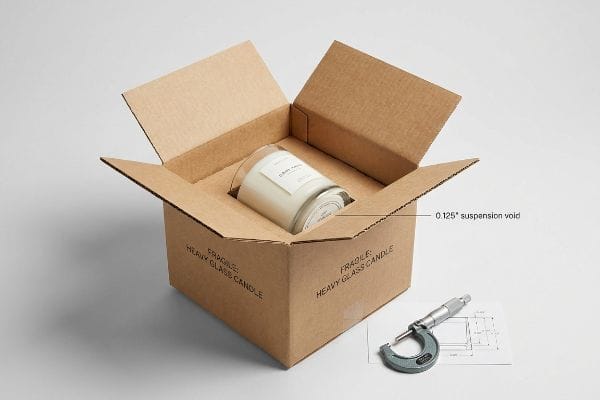 Candle Packaging Suspension Void A brown corrugated box, marked "Fragile: Heavy Glass Candle", features a custom die-cut paperboard insert protecting a white glass candle, highlighting a 0.125-inch suspension void. A micrometer rests on a technical drawing.
