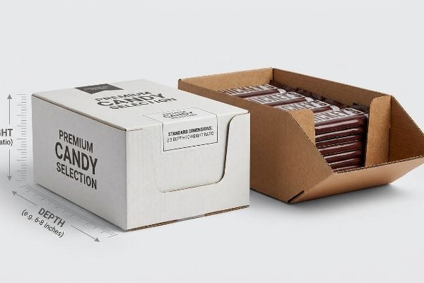 Candy Box Dimensions Ratio White Premium Candy Selection display box with 2:3 depth-to-height ratio dimensions next to a brown corrugated tray filled with Hershey's candy bars.