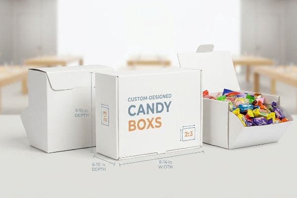 Custom Candy Box Dimensions White custom-designed Candy Boxes, featuring 6-10 in depth, 8-14 in width, and 2:3 ratio, with one open box of colorful candies.