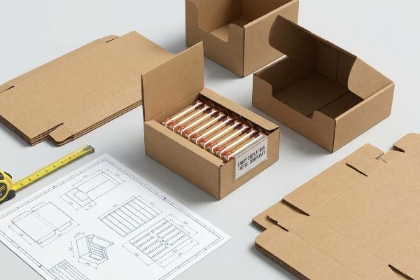Candy Box Dimensions Design Assembled and flat kraft cardboard candy display boxes, a blueprint, and measuring tape, with one box labeled "Candy Display Box - Retail Compliant" filled with candy.