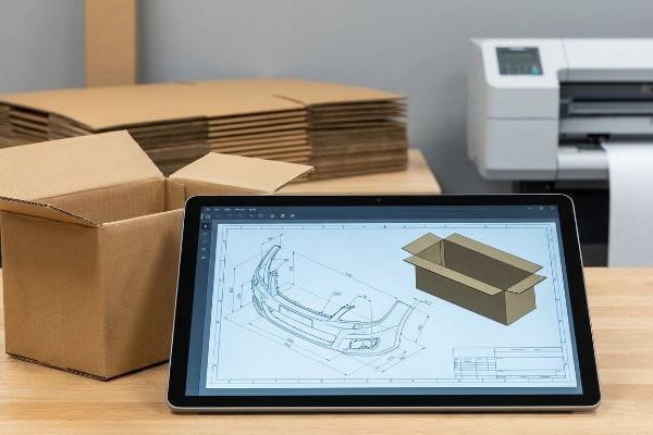 Bumper Box CAD Design A tablet displays CAD engineering for a car bumper and corrugated box packaging, surrounded by cardboard boxes and a printer.