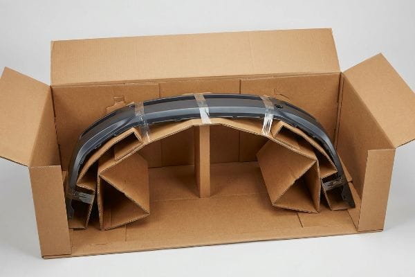 Bumper Shipping Box Packaging A dark grey car bumper is securely packaged within a corrugated shipping box, featuring custom void fill for protection.