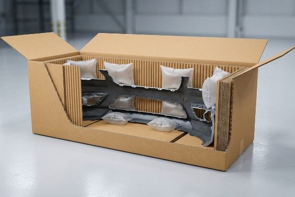 車のバンパー用配送ボックス 自動車用バンパーは、輸送中の衝撃から保護するために、エアクッションと内部の溝を備えた段ボール製の輸送箱にしっかりと梱包されています。.