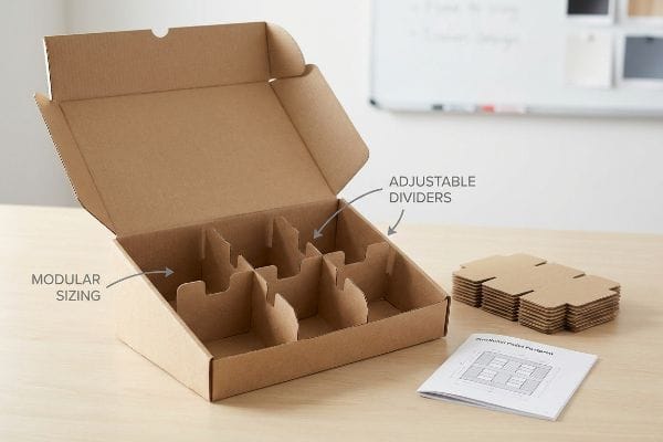 Modular Retail Box Dividers Brown cardboard retail display box features Adjustable Dividers and Modular Sizing, with flat inserts.