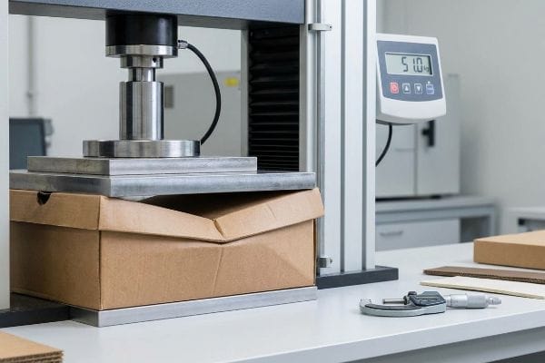 Corrugated cardboard shoe box buckling during a Box Compression Test (BCT), showing a hydraulic press, digital display at 51.0 kg, and a micrometer on the lab bench.