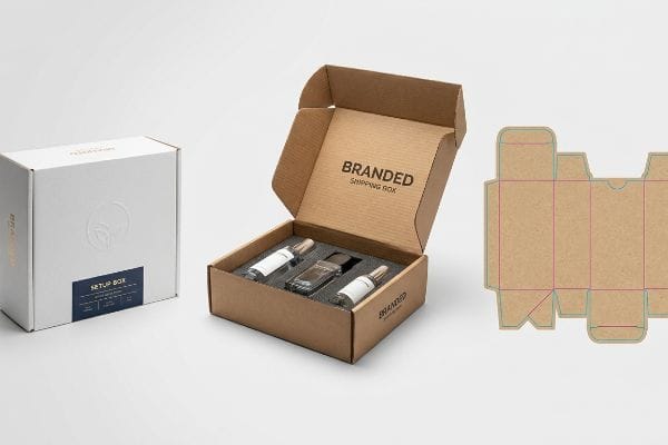 Custom Box Packaging Solutions An open Branded Shipping Box with three bottles in foam inserts, a white Setup Box, and a cardboard die-cut template.