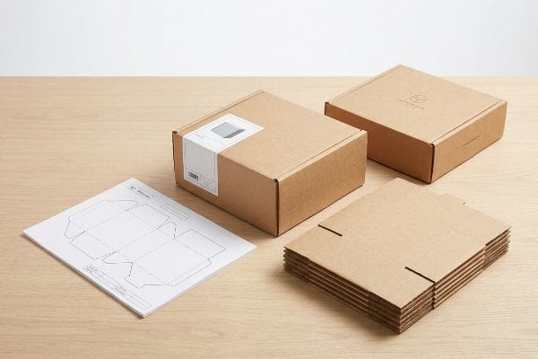 Brown cardboard packaging boxes, assembled and flat dielines, alongside a paper dieline drawing, illustrating structural integrity and assembly convenience.