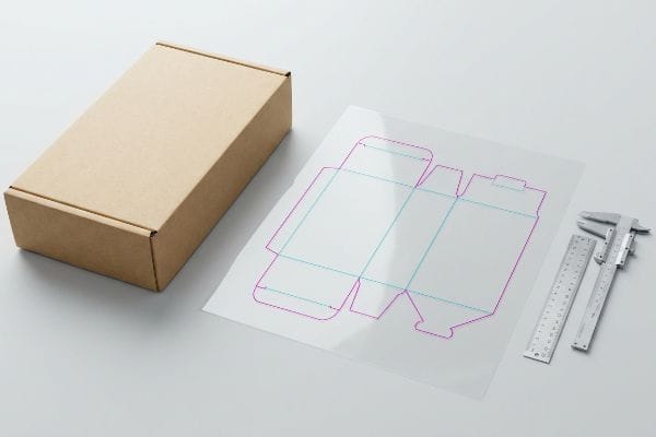Dieline Packaging Design Tools Brown cardboard box, dieline template with cut and crease lines, and a metal caliper for precise packaging.