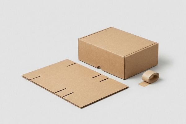 Minimalist Packaging Elements Illustrating minimalist packaging, a brown cardboard box, a flat corrugated sheet, and a roll of paper tape are displayed.
