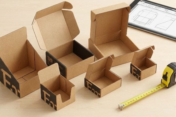 Arrangement of various open corrugated cardboard display boxes with black F5 branding, a measuring tape, and a tablet showing box blueprints.
