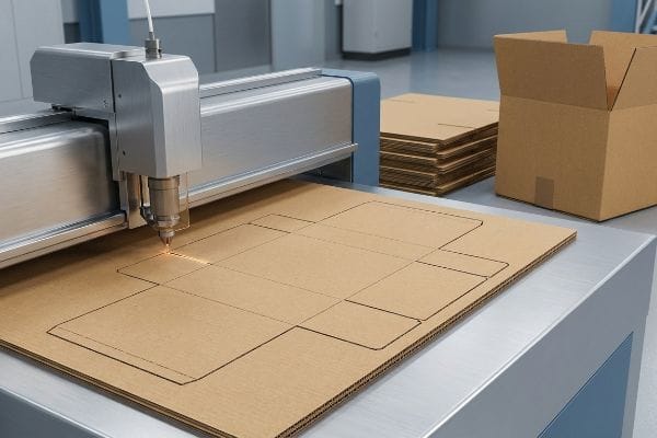 Cardboard Box Cutting Machine A digital cutting machine precisely scores a flat cardboard sheet into an e-commerce box template, with stacked and assembled packaging in the background.