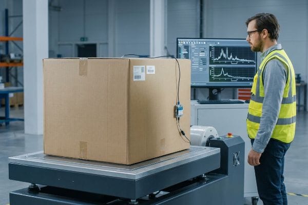包装振動試験 安全ベストを着用した技術者が、振動試験機に載せられた段ボール箱を監視し、画面上で包装品質管理データを分析している。.