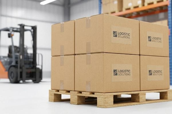 Logistiklösungen Boxen Lagerhalle mit sechs Kartons der Marke „Logistic Solutions“ auf einer Holzpalette, im Hintergrund ein Gabelstapler, für eine optimierte Verpackungslogistik.