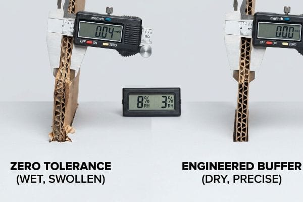 Cardboard Moisture Swelling Test Corrugated cardboard caliper shows 0.04 inch swelling from 8% RH moisture, contrasting with 0.00 inch dry precision with engineered buffer.