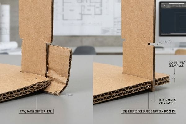 Cardboard Moisture Tolerance Comparison Side-by-side comparison of cardboard interlocking: Raw, Swollen Fiber - Fail vs. Engineered Tolerance Buffer - Success with 0.04 in (1 mm) clearance.