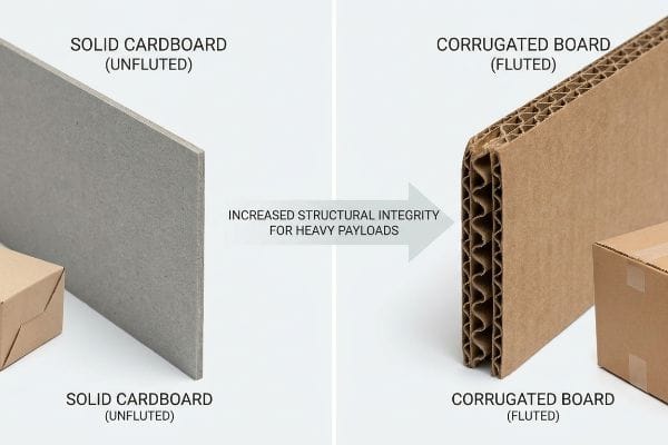 Side-by-side comparison of Solid Cardboard (Unfluted) and Corrugated Board (Fluted), showing increased structural integrity for heavy payloads.